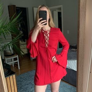 Forever 21 Red Tie-Up Bell Sleeve Dress